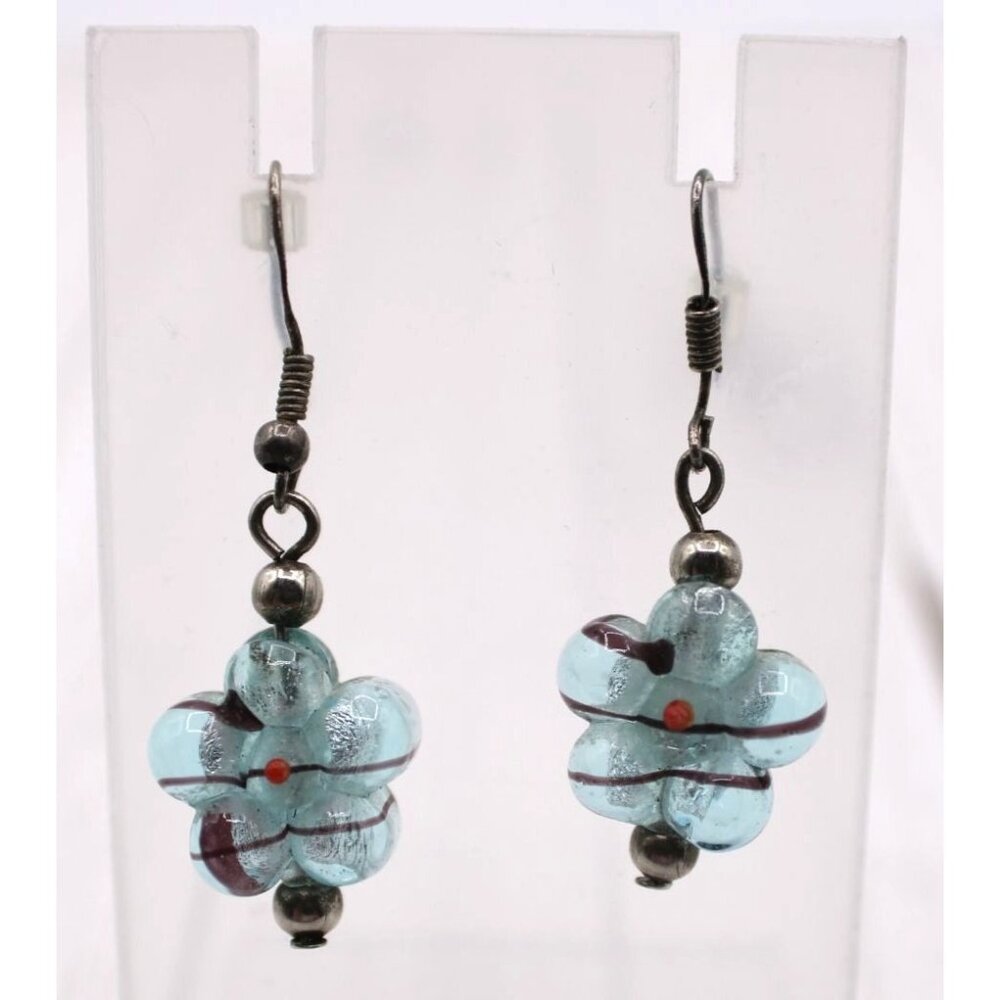 Handmade Aqua Blue Glass Flower Dangle Earrings Silver-Tone Hooks Red Accents